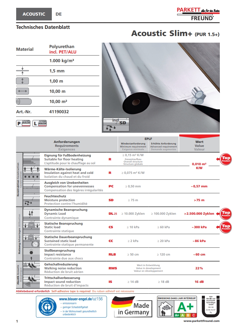 h2o.hu SGH AcousticSlim parketta, laminált alátét adatlap EN