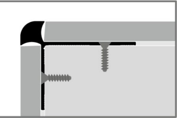 PF 874 / 100 6,5mm LÉPCSŐ és KÜLSŐ SAROK profil, F2 alu IMITÁLT ROZSDAMENTES acél eloxált, H/B: 33/43 mm, L: 100 cm