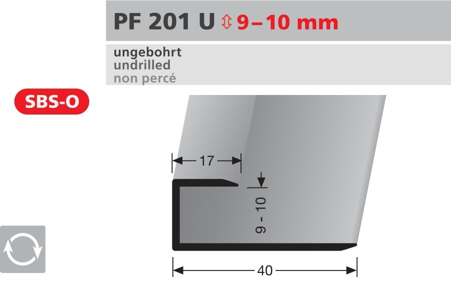 PF 201 U forgatható indító és lezáró profil, F4 MATT EZÜST eloxált, Vtg: 9-10mm, Szél: 17/40mm, L: 270cm