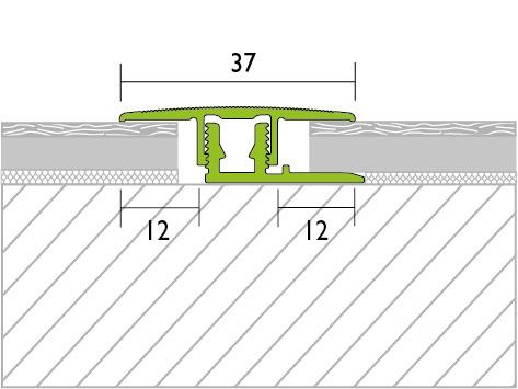 PRO 31024 ProcoverClip ÁTMENETI profil, műanyag és alumínium imitált ROZSDAMENTES ACÉL eloxált, KLIKK rögzítés, H: 7-18mm, Szél: 37mm, L: 90cm